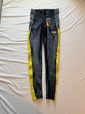 NWT LET'S GYM Black Metallic Fantasy Leggings with Neon Yellow Side Stripes SPF